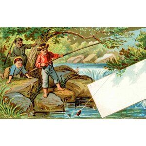 1880's Boys Fishing Pole Stream Fish Children Falls Victorian Trade Card-T1